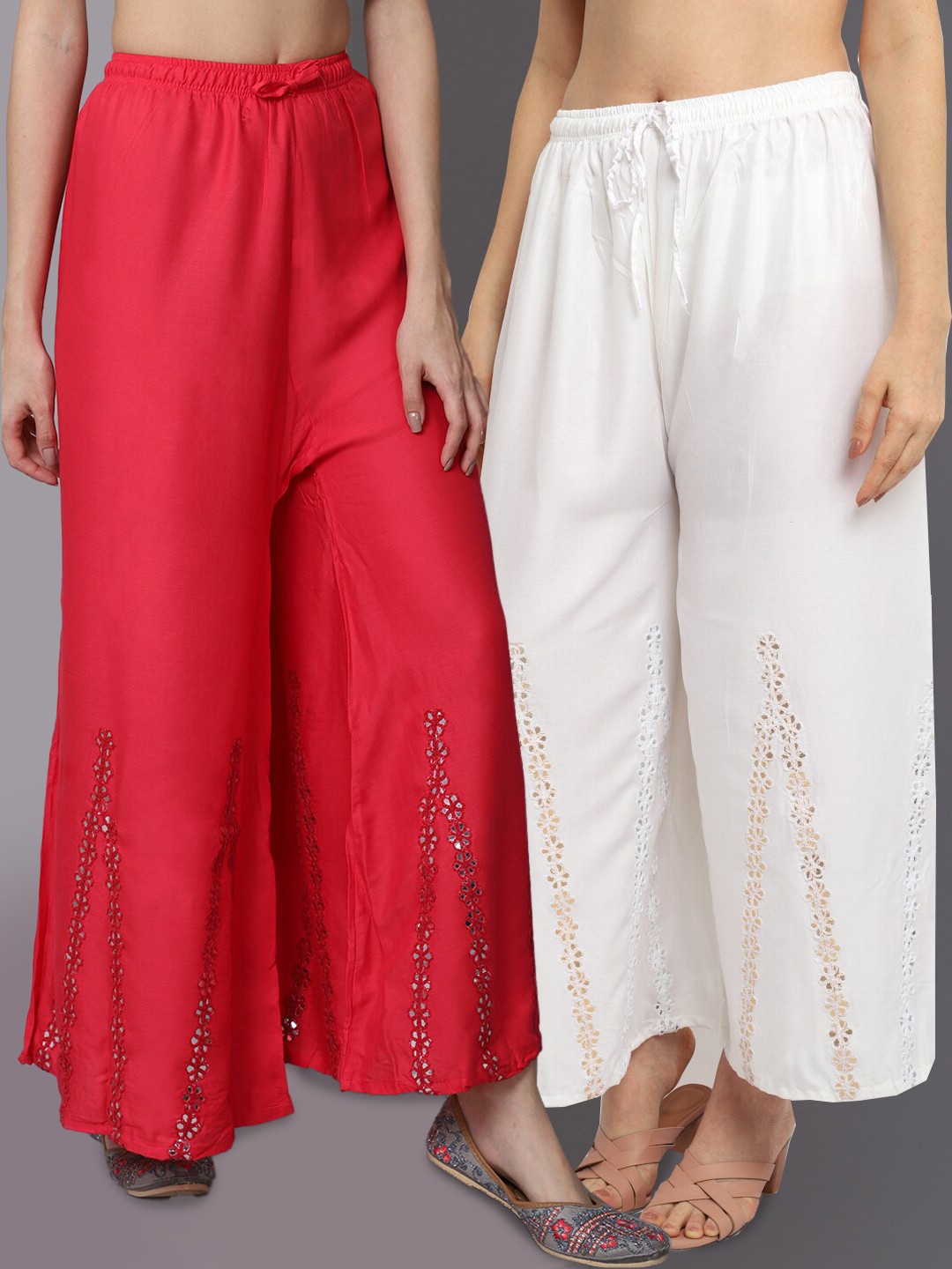GRACIT Women Peach-Coloured & Off White Pack of 2 Floral Embroidered Flared Palazzos
GRACIT Women Peach-Coloured & Off White Pack of 2 Floral Embroidered Flared Palazzos