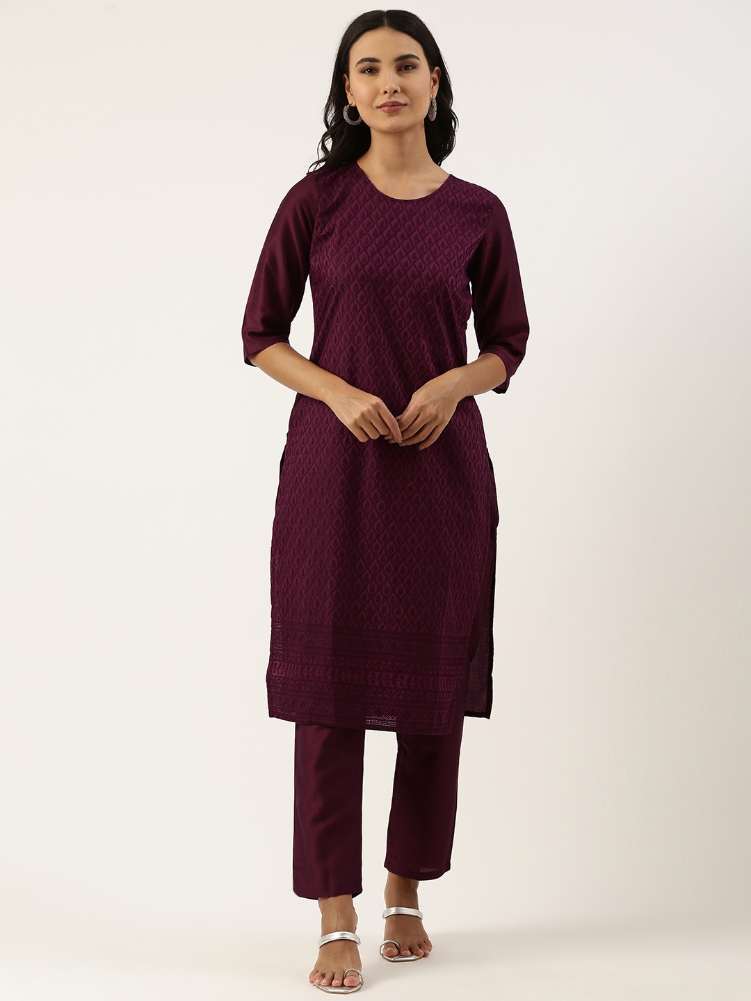 SWAGG INDIA Women Purple Chinon Ethnic Motifs Embroidered Chikankari Kurta with Trousers
SWAGG INDIA Women Purple Chinon Ethnic Motifs Embroidered Chikankari Kurta with Trousers