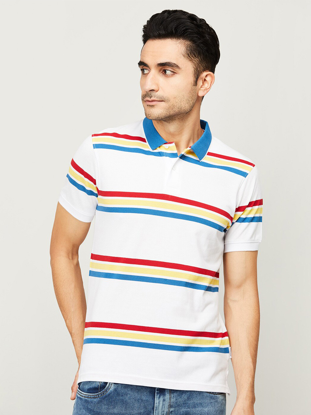 Fame Forever by Lifestyle Men White & Blue Striped Polo Collar T-shirt 
Fame Forever by Lifestyle Men White & Blue Striped Polo Collar T-shirt