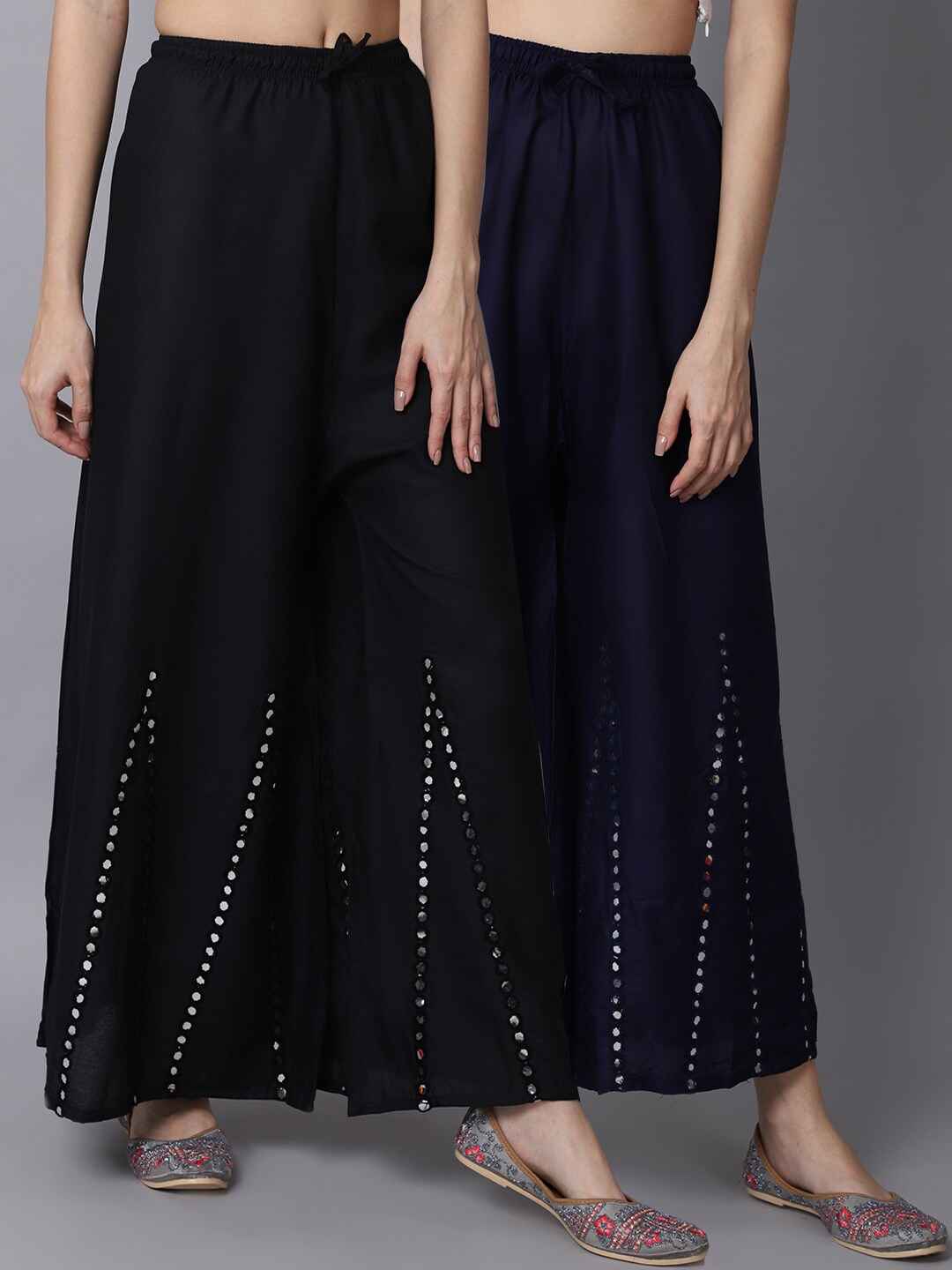 GRACIT Women Black & Navy Blue Pack of 2 Geometric Embroidered Flared Ethnic Palazzos
GRACIT Women Black & Navy Blue Pack of 2 Geometric Embroidered Flared Ethnic Palazzos