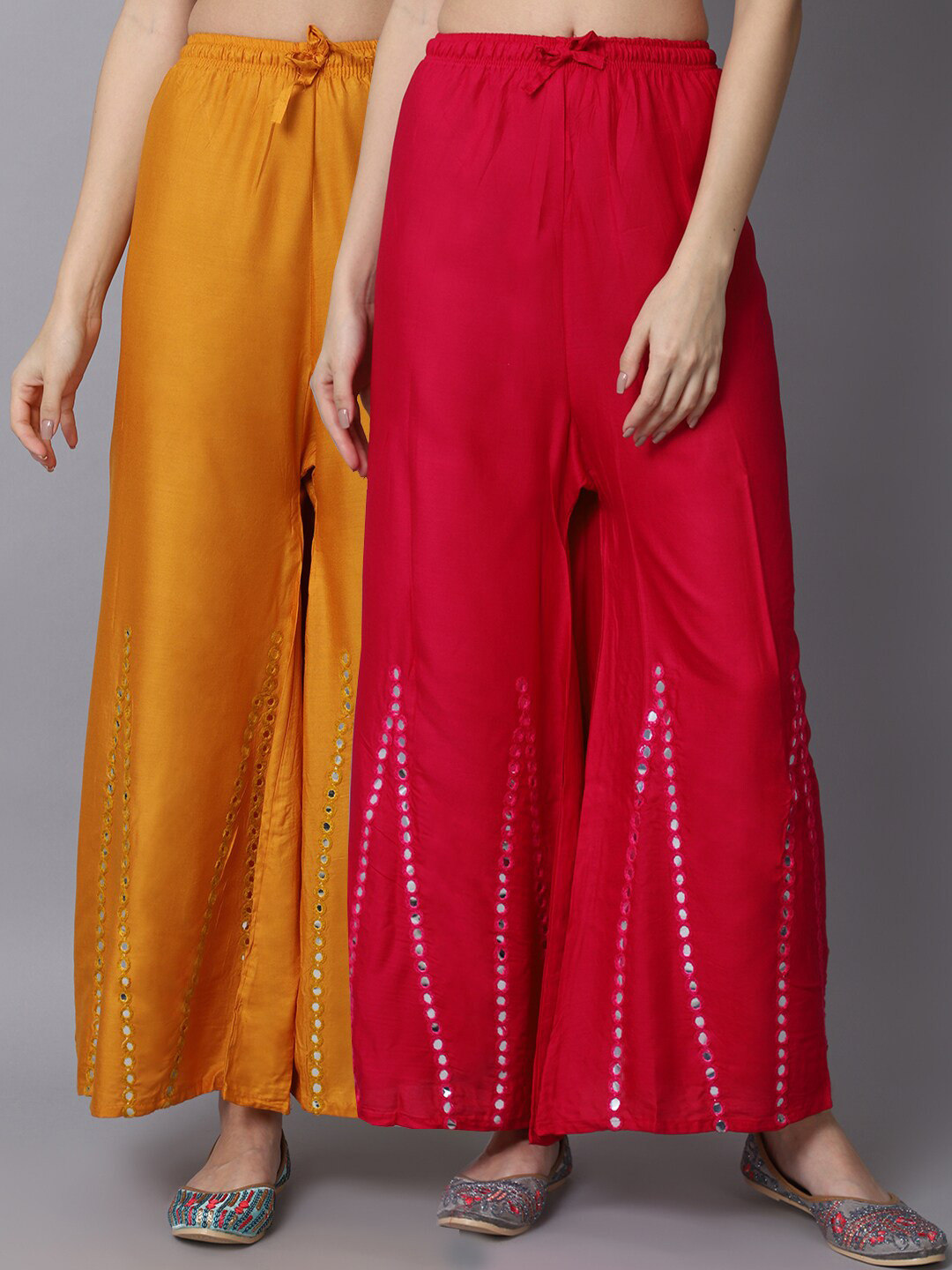 GRACIT Women Pink & Mustard Yellow Pack of 2 Mirror Work Embroidered Flared Palazzos
GRACIT Women Pink & Mustard Yellow Pack of 2 Mirror Work Embroidered Flared Palazzos