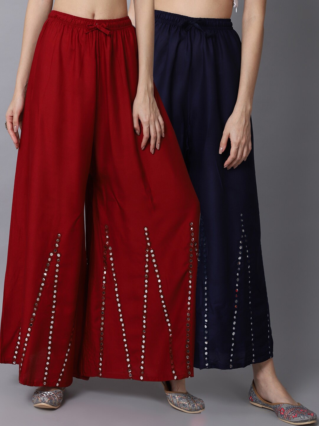 GRACIT Women Maroon & Navy Blue Pack of 2 Mirror work Embroidered Flared Ethnic Palazzos
GRACIT Women Maroon & Navy Blue Pack of 2 Mirror work Embroidered Flared Ethnic Palazzos