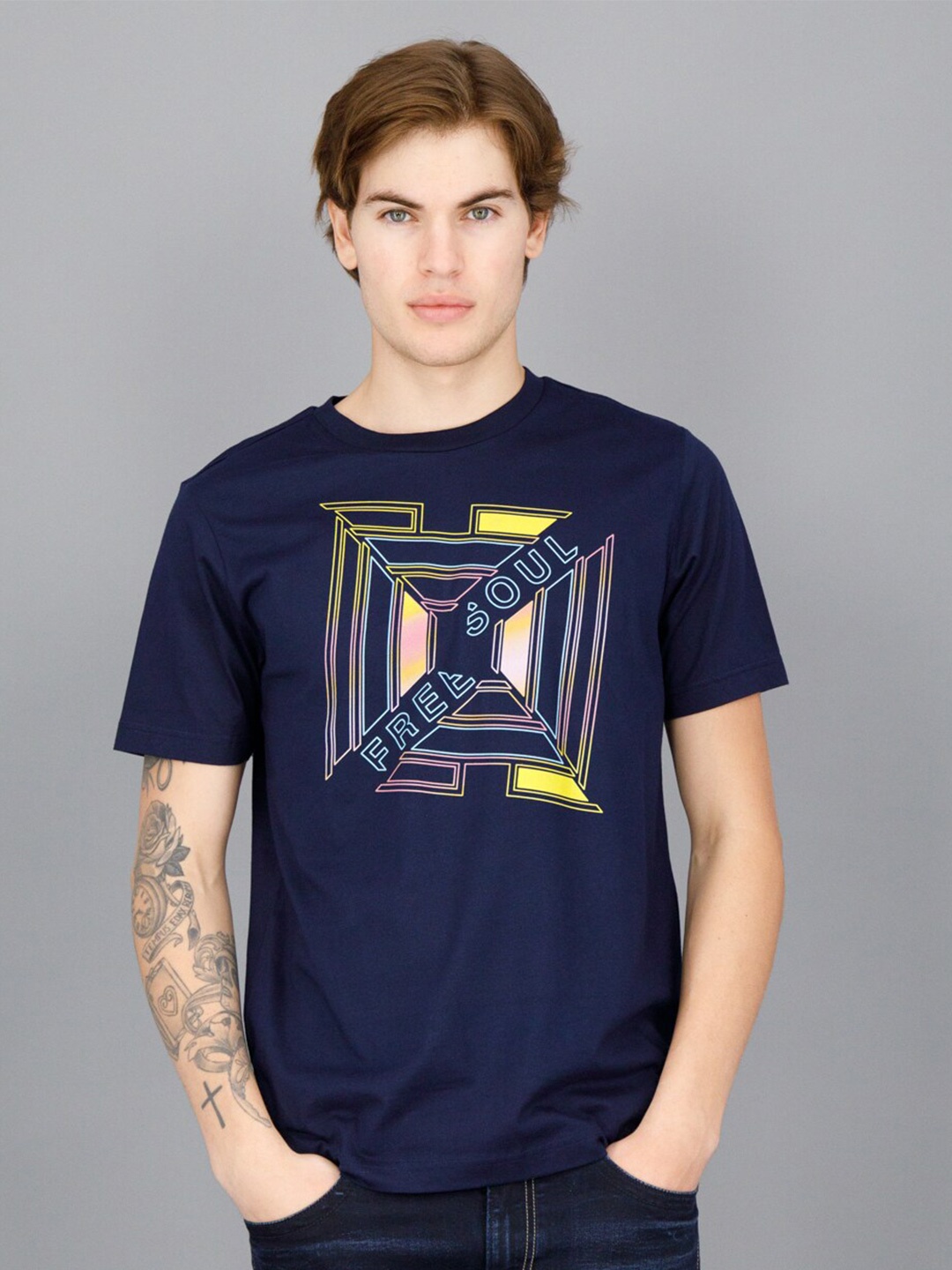 FREESOUL Men Blue Printed Pure Cotton T-shirt