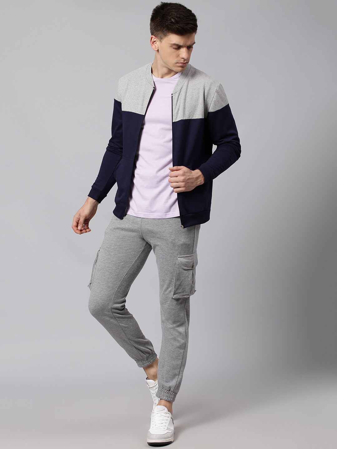 Hubberholme Men Grey & Navy Blue Colourblocked Sweatshirt