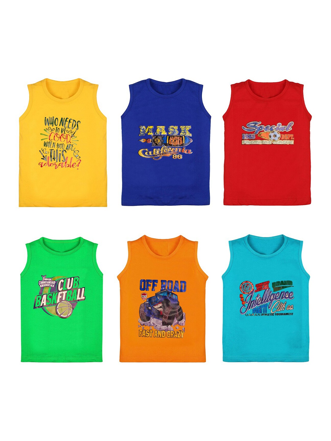 CAREPLUS Boys Yellow & Blue Pack Of 6 Printed T-shirt