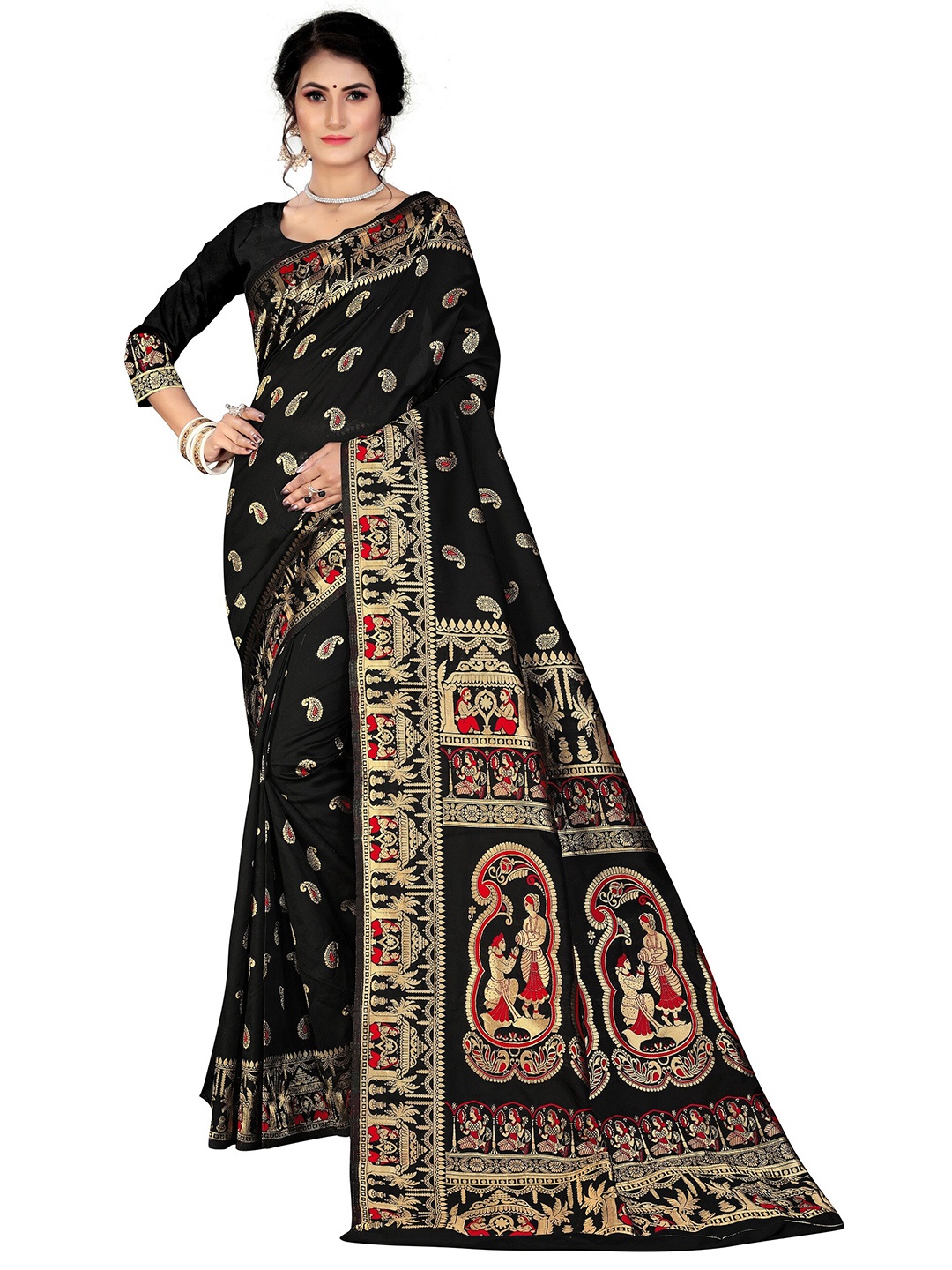 Rivana Black & Red Woven Design Zari Silk Blend Baluchari Saree