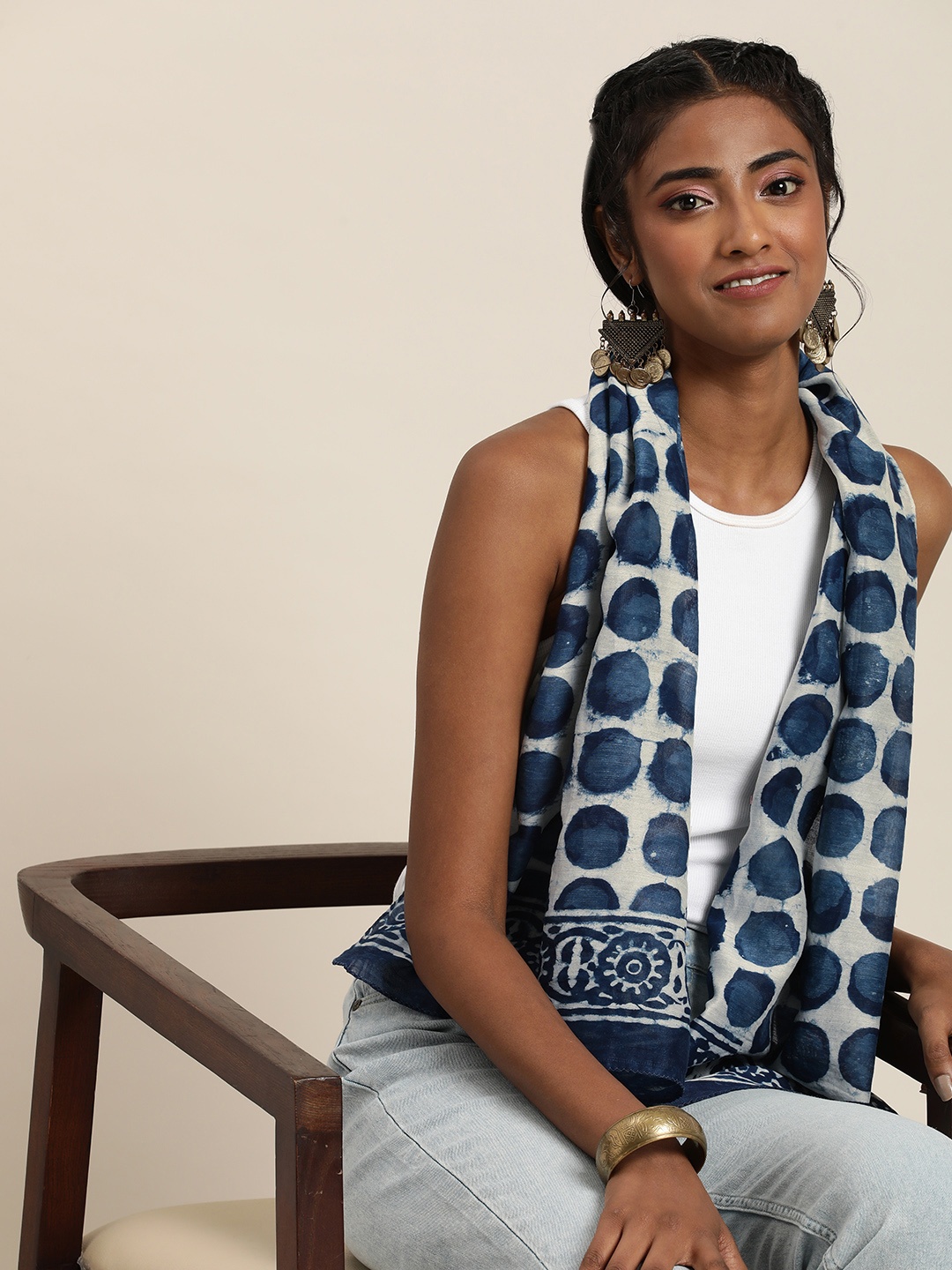 Taavi Indigo Dyed Geometric Printed Stoles, Blue