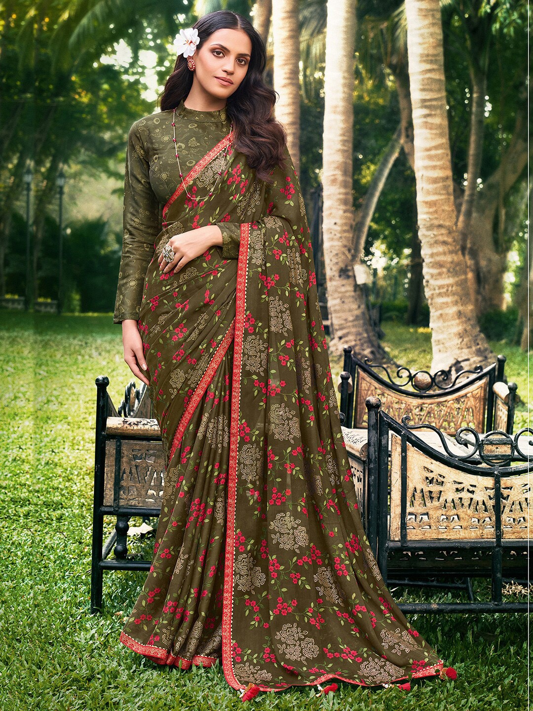 Saree mall Olive Green & Red Floral Pure Chiffon Sarees
