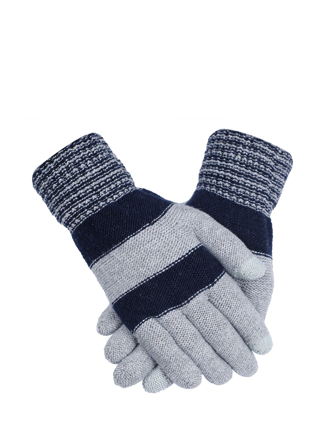 LOOM LEGACY Men Grey Melange & Navy Blue Striped Gloves