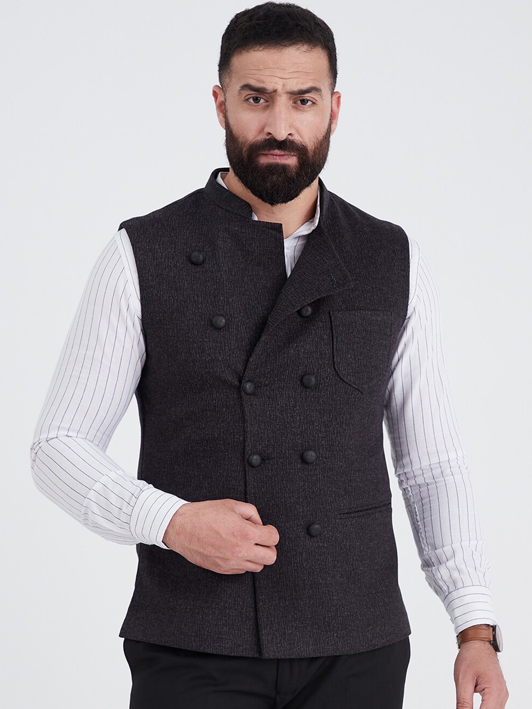 MR BUTTON Men Black Solid Woven Double-Breasted Nehru Jackets