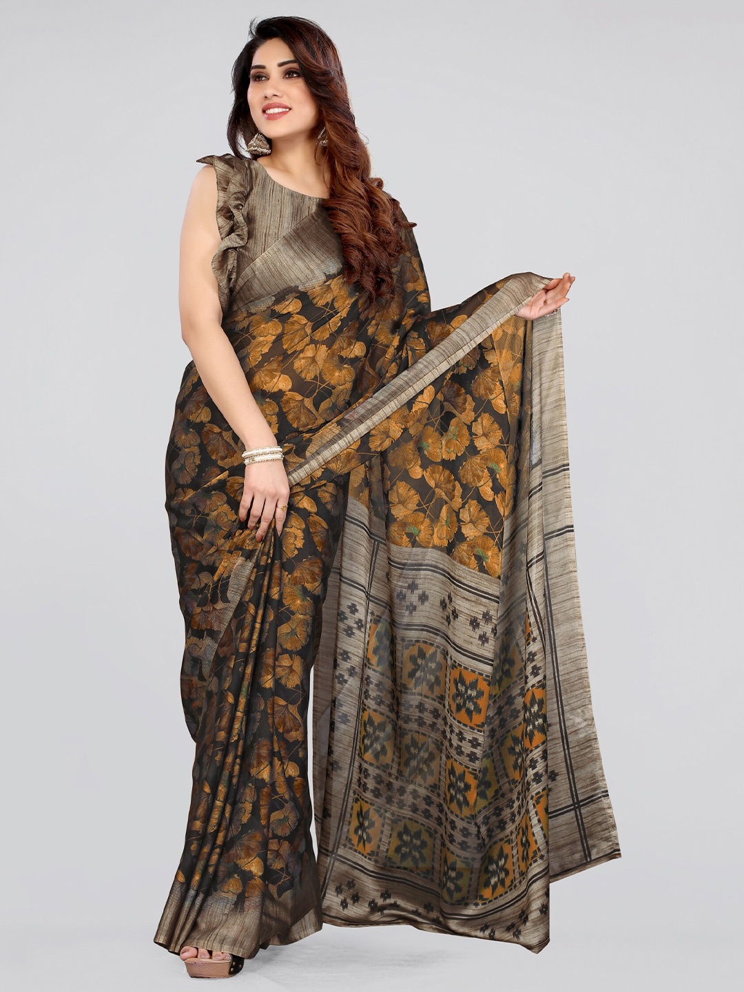 KALINI Women Black & Brown Floral Saree