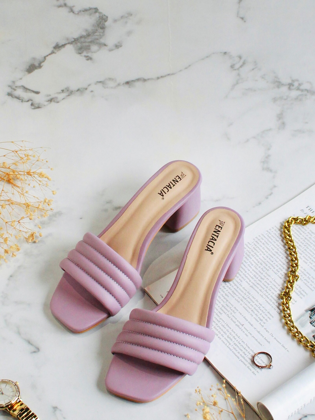 Fentacia Purple Striped Party Block Mules