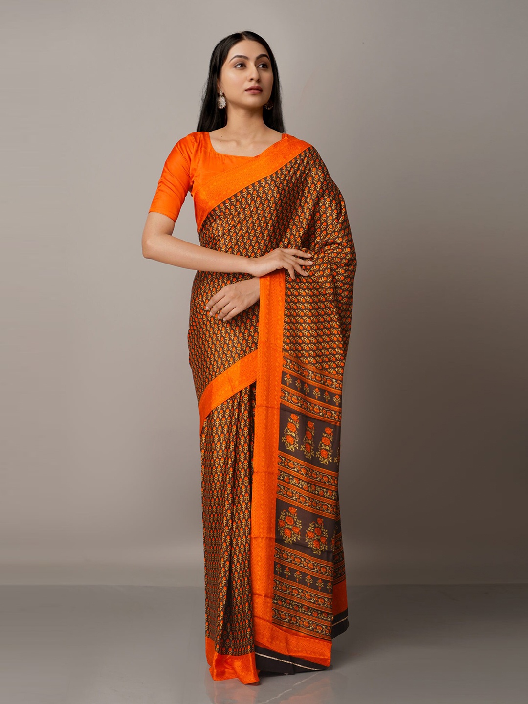 Unnati Silks Orange & Black Ethnic Motifs Block Print Saree
