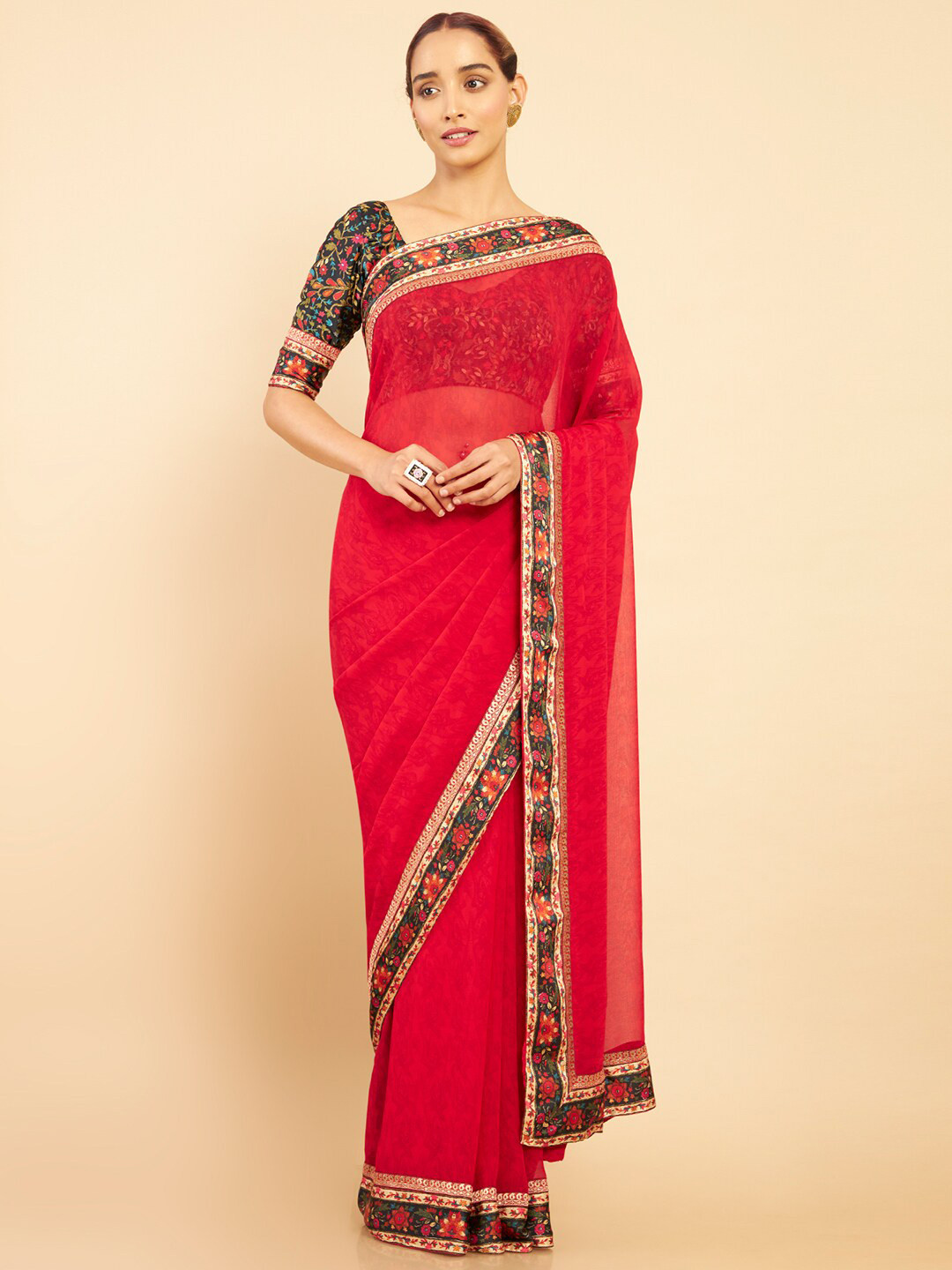 Soch Red & Gold-Toned Embroidered Pure Georgette Saree 
Soch Red & Gold-Toned Embroidered Pure Georgette Saree