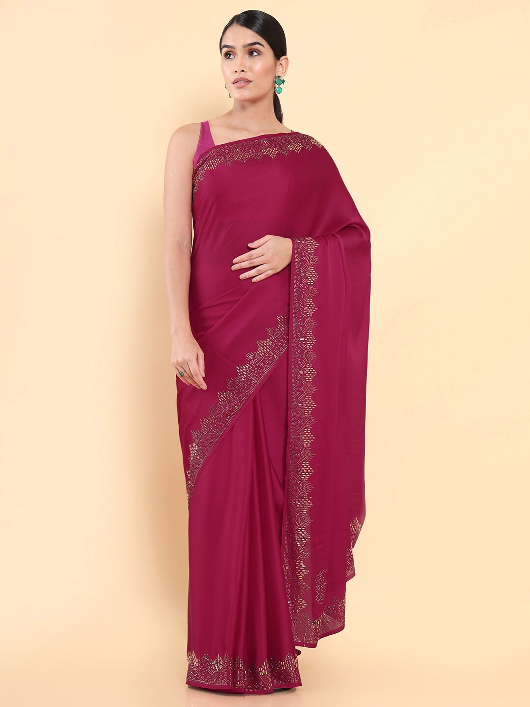 Soch Magenta & Gold-Toned Ethnic Motifs Beads and Stones Saree