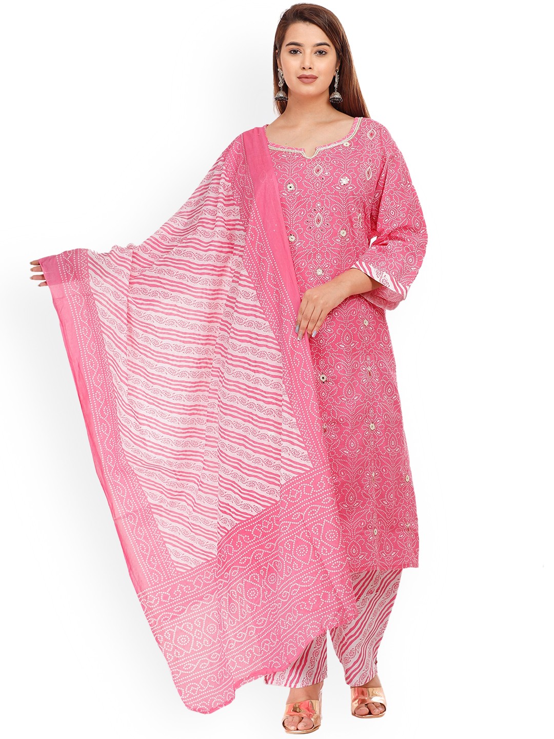 KALINI Women Bandhani Printed Mirror Work Pure Cotton Kurta with Trouser & Dupatta, Pink
KALINI Women Bandhani Printed Mirror Work Pure Cotton Kurta with Trouser & Dupatta, Pink