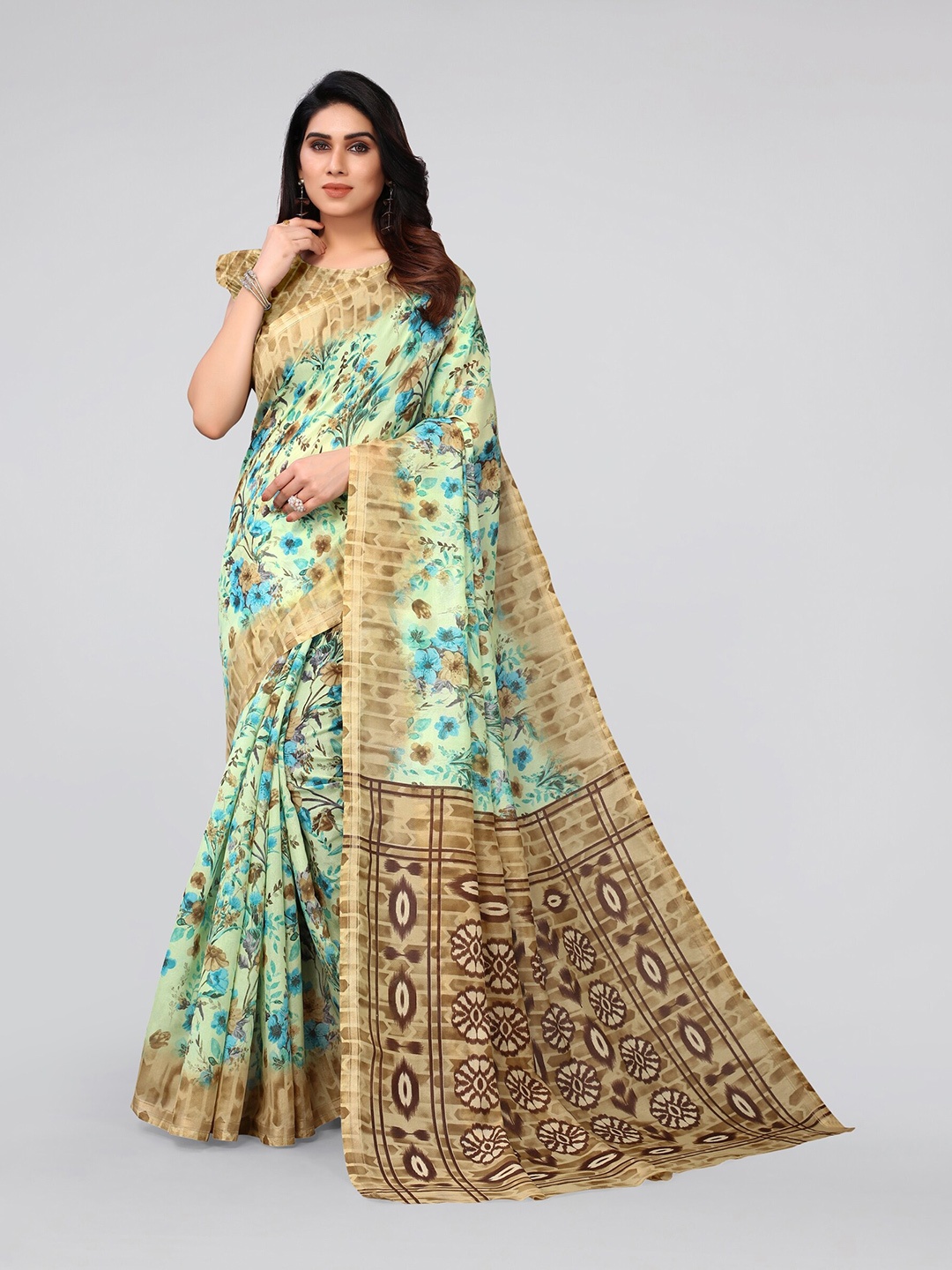 MIRCHI FASHION Green & Turquoise Blue Floral Saree