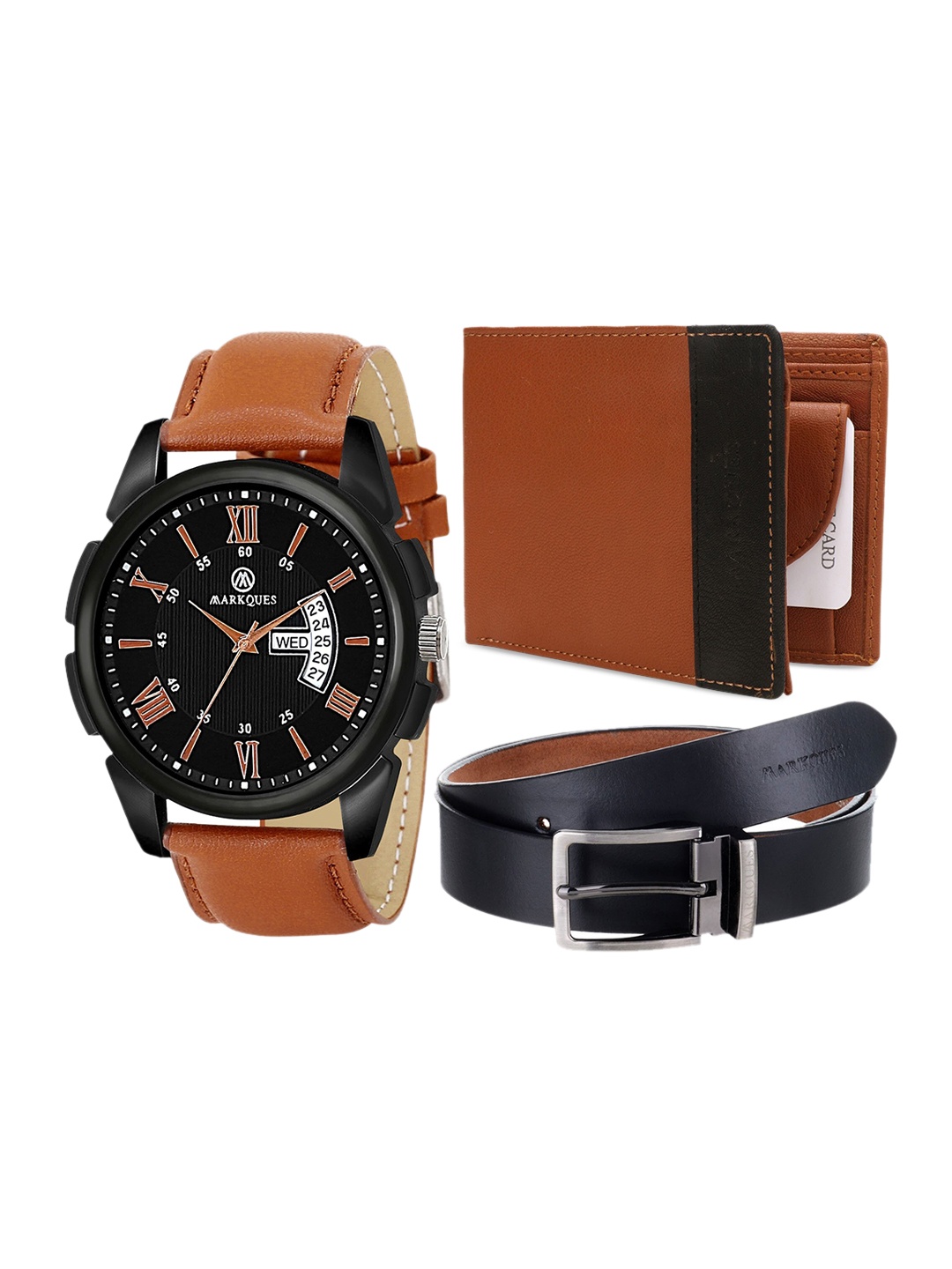 MARKQUES Men Solid Leather Accessory Gift Set, Black