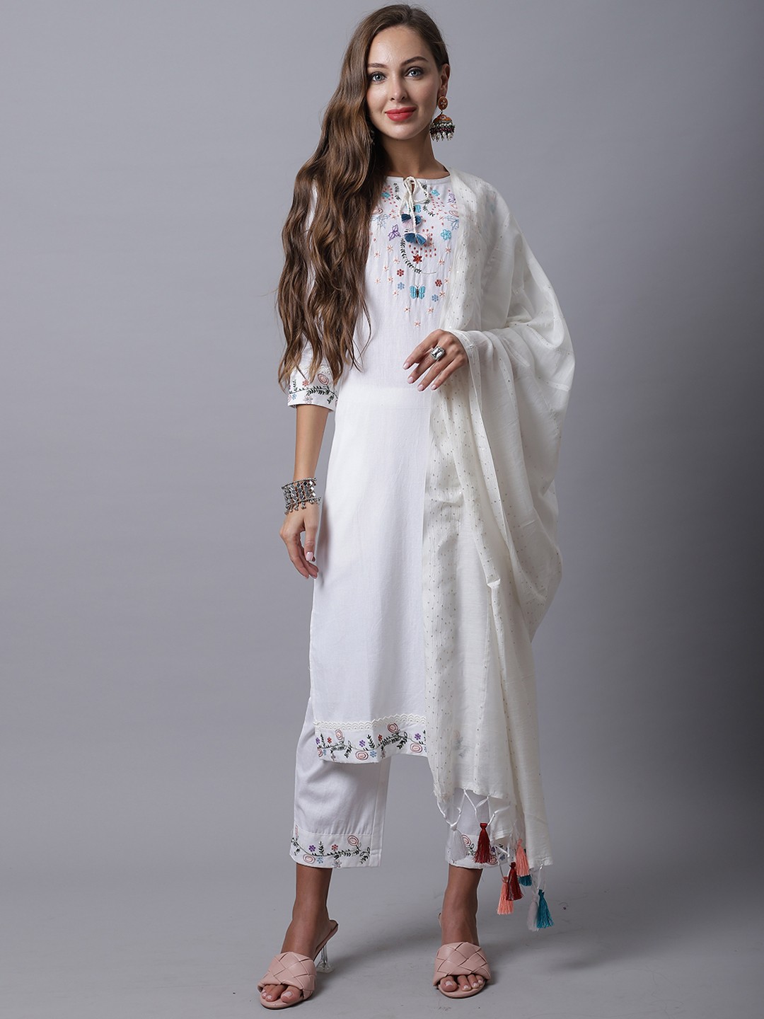 Rajnandini Women Embroidered Pure Cotton Kurta with Trousers & With Dupatta, Off white
Rajnandini Women Embroidered Pure Cotton Kurta with Trousers & With Dupatta, Off white