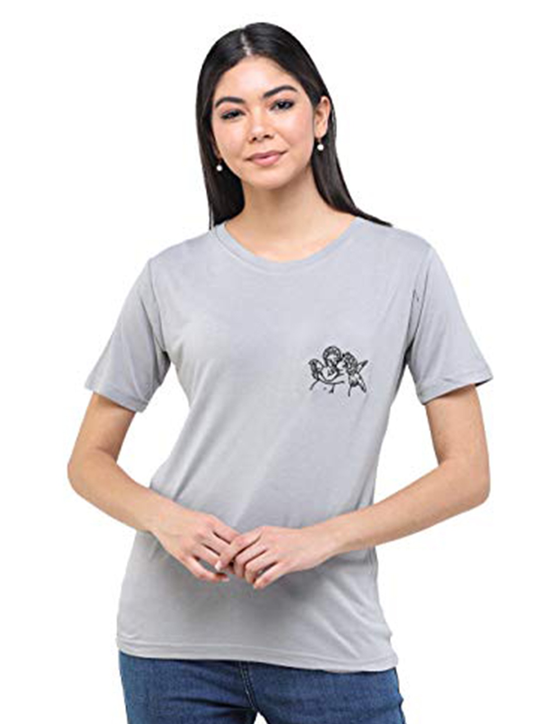 DECHEN Women Grey Solid Slim Fit T-shirt