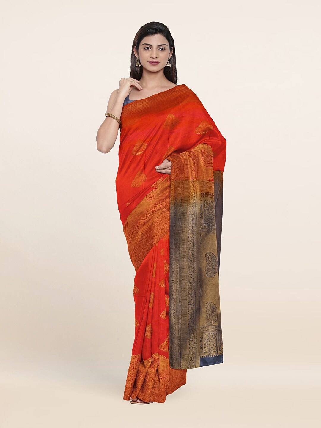 Pothys Woven Design Zari Pure Silk Kanjeevaram Saree, Coral
