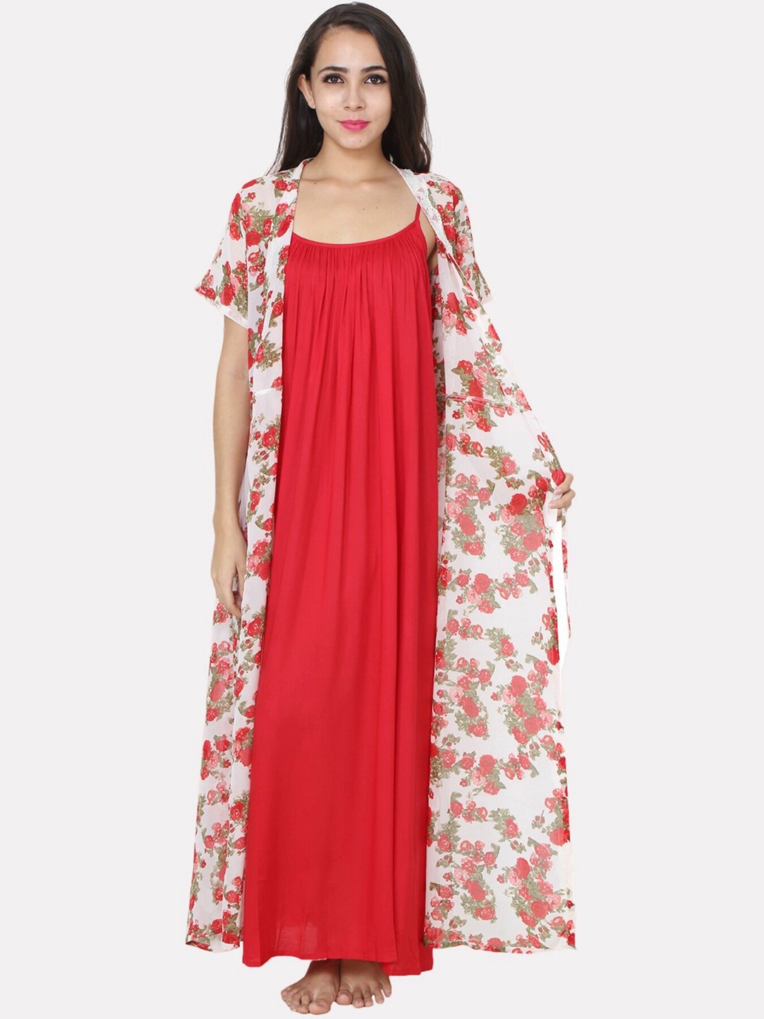 PATRORNA Women Solid Shoulder Strap Maxi Nightdress With Printed Poly Blend Robe, Red
PATRORNA Women Solid Shoulder Strap Maxi Nightdress With Printed Poly Blend Robe, Red