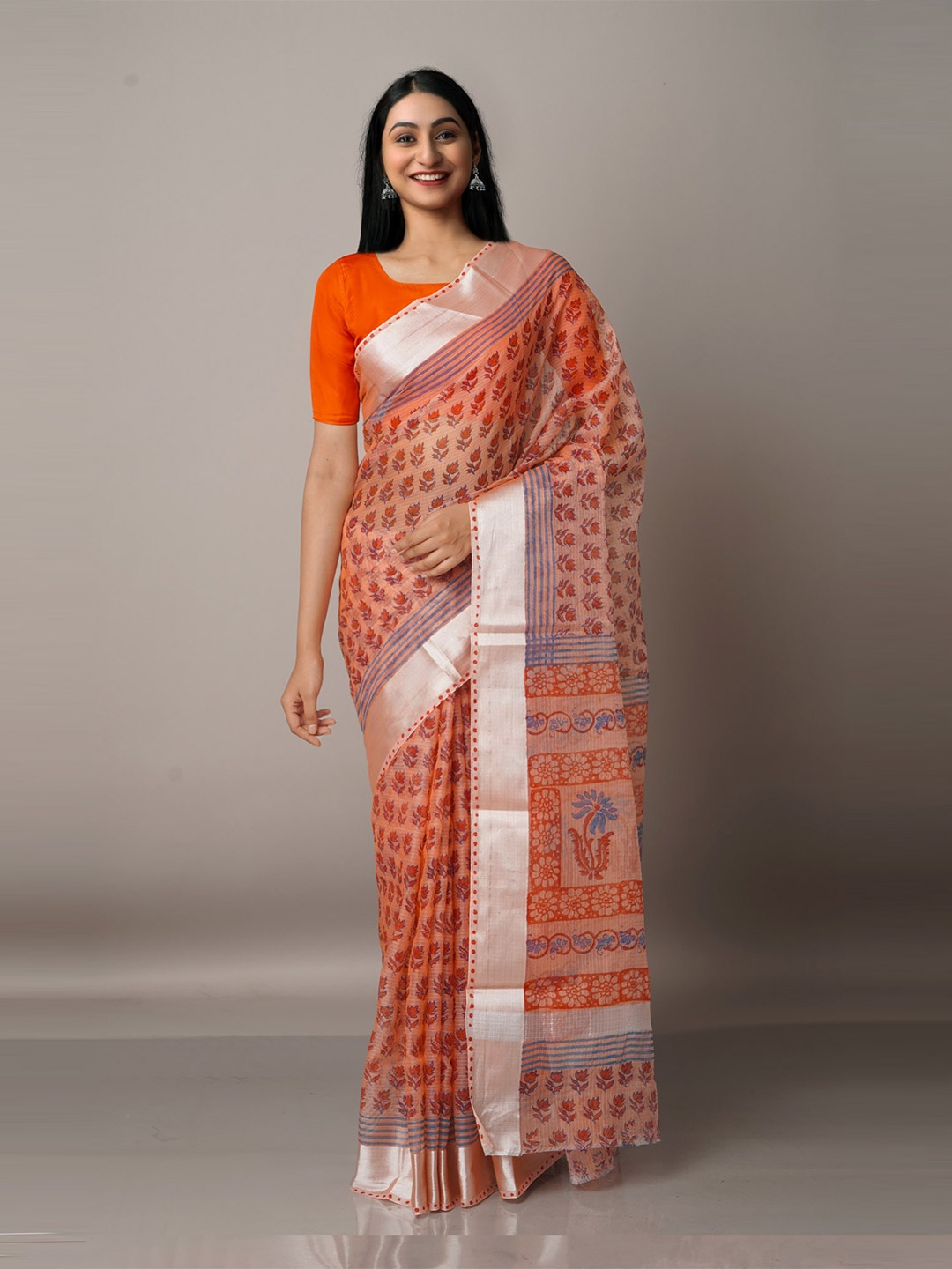 Unnati Silks Ethnic Motifs Zari Pure Cotton Kota Saree, Orange