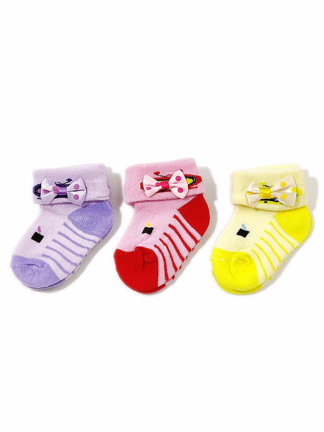 FOOTPRINTS Infants Pack Of 3 Purple & Pink Patterned Cotton Bootie Socks