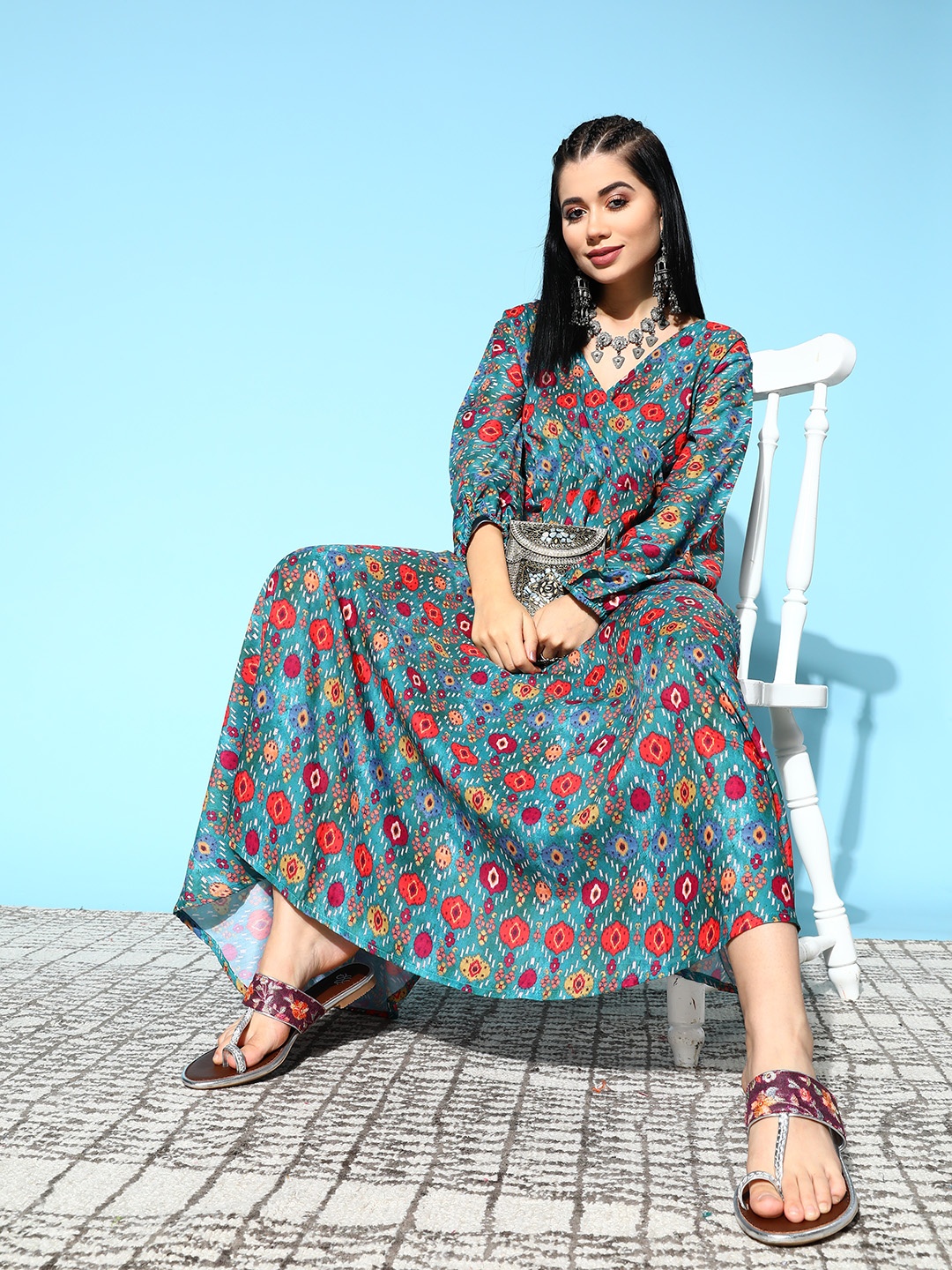 InWeave Women Teal Geometric Volume Control Dress