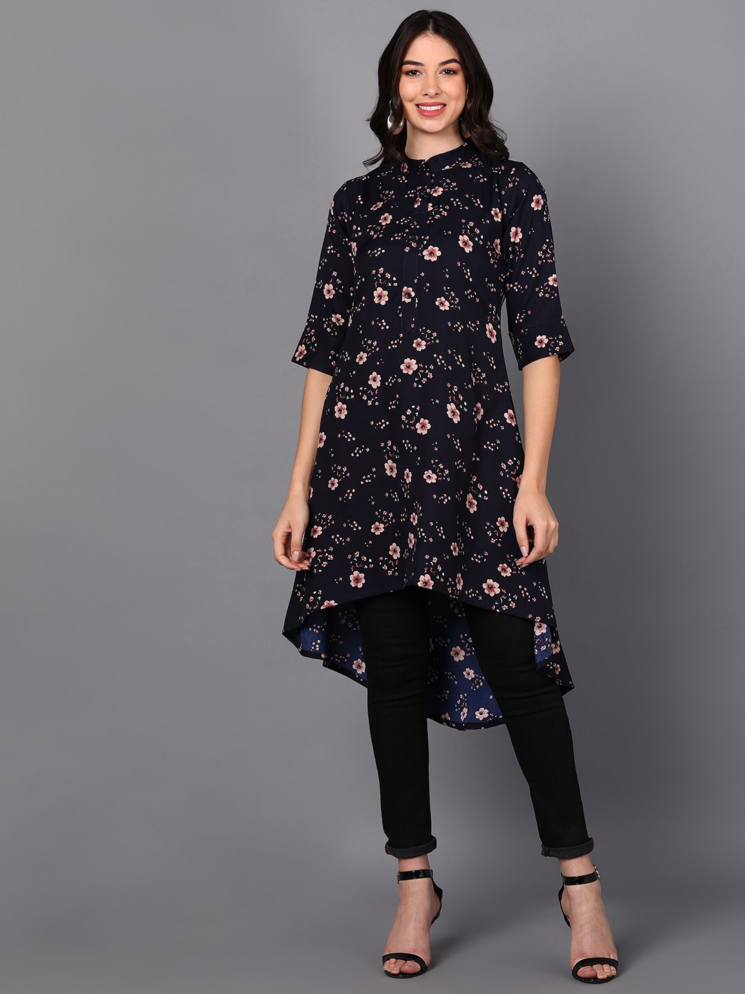 Fashfun Women Floral Printed High Low Kurta, Navy blue