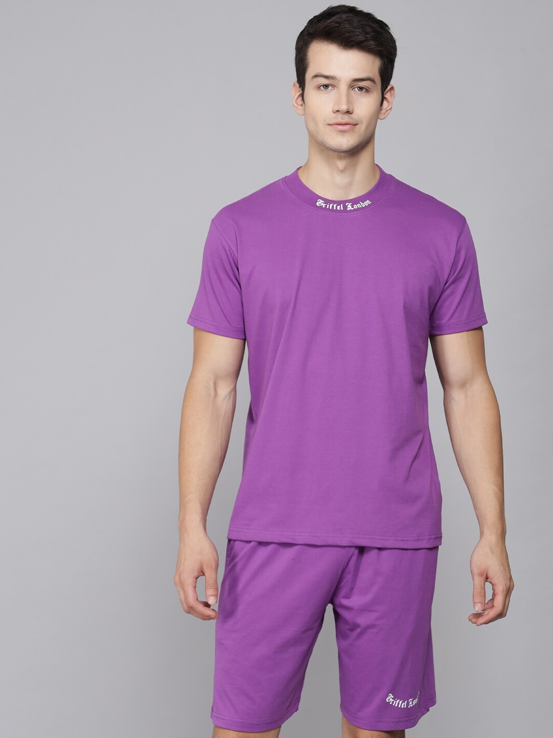GRIFFEL Men Solid Cotton Co-Ords Set, Purple