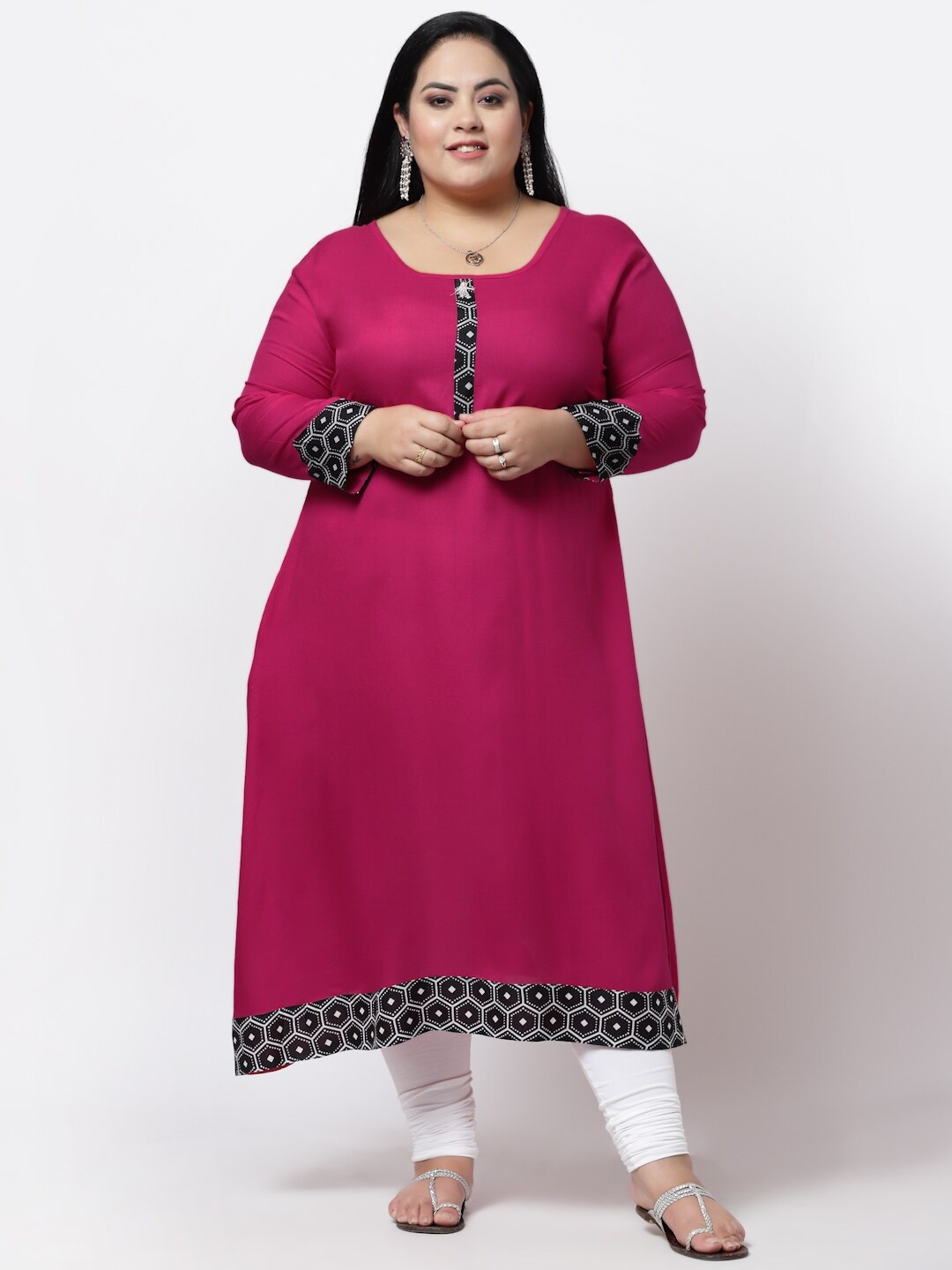 FAZZN Women Plus Size Solid Straight Kurta, Pink