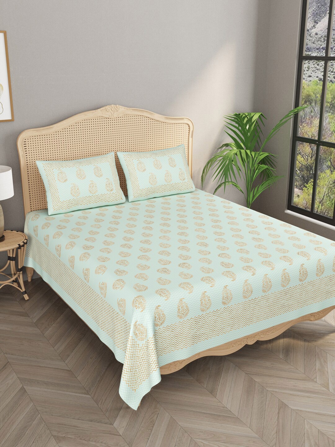 Gulaab Jaipur Green & Gold Ethnic Motifs 400 TC King Bedsheet with 2 Pillow Cotton Covers
Gulaab Jaipur Green & Gold Ethnic Motifs 400 TC King Bedsheet with 2 Pillow Cotton Covers
