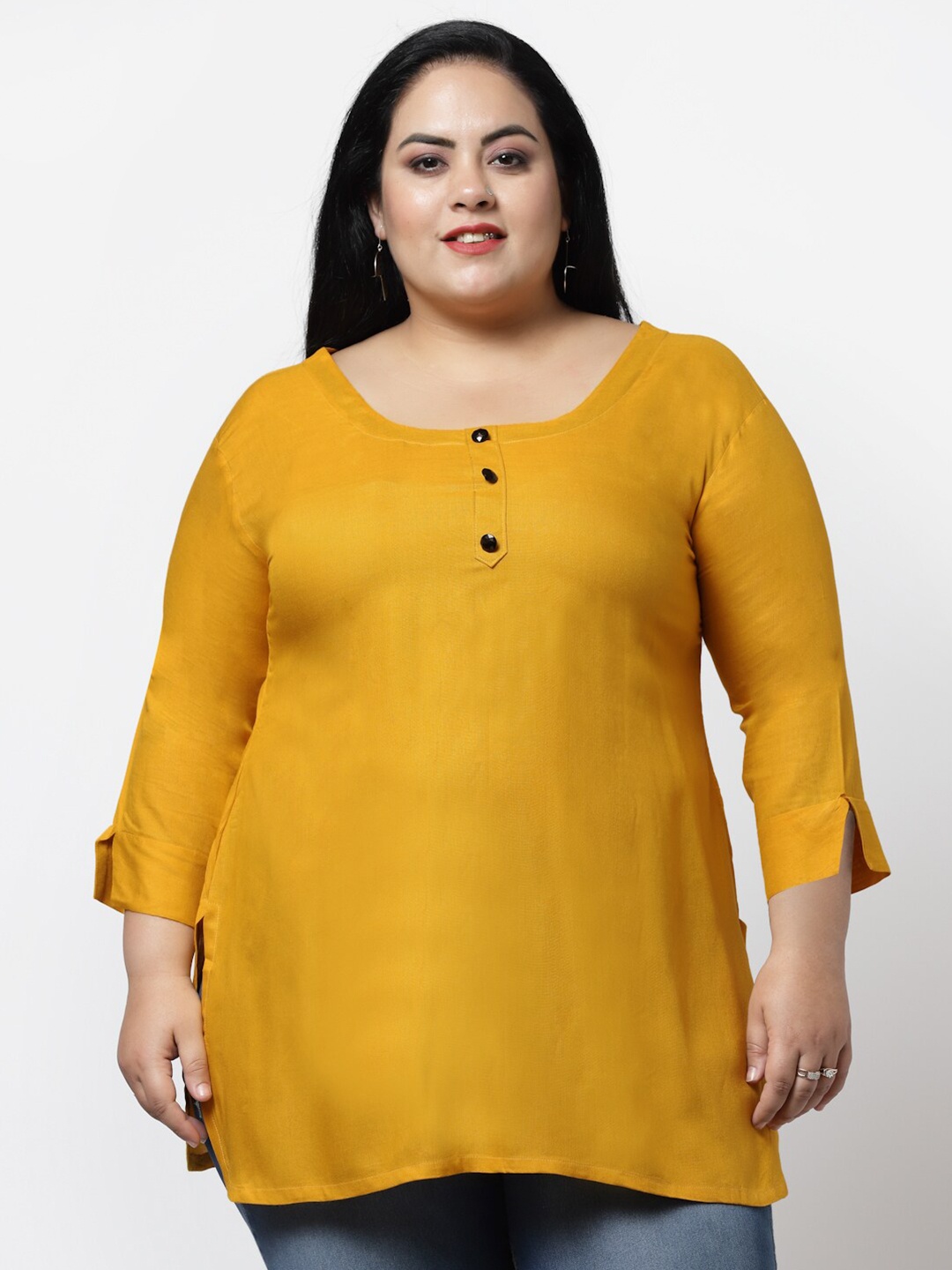FAZZN Women Plus Size Yellow Solid Longline Top, Mustard