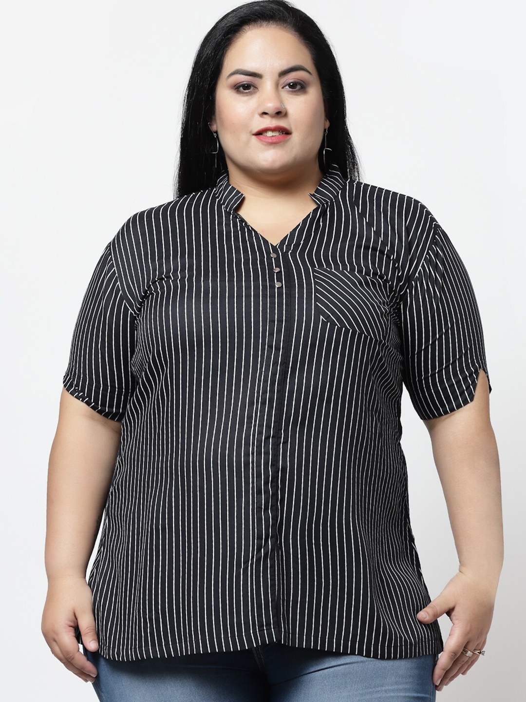 FAZZN Women Plus Size Striped Shirt Style Top, Black
