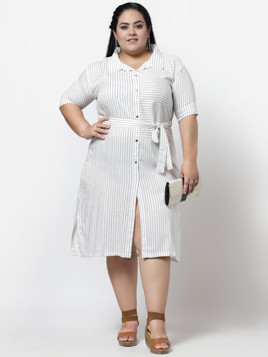 FAZZN Women Plus Size Rayon Striped Shirt Dress, White