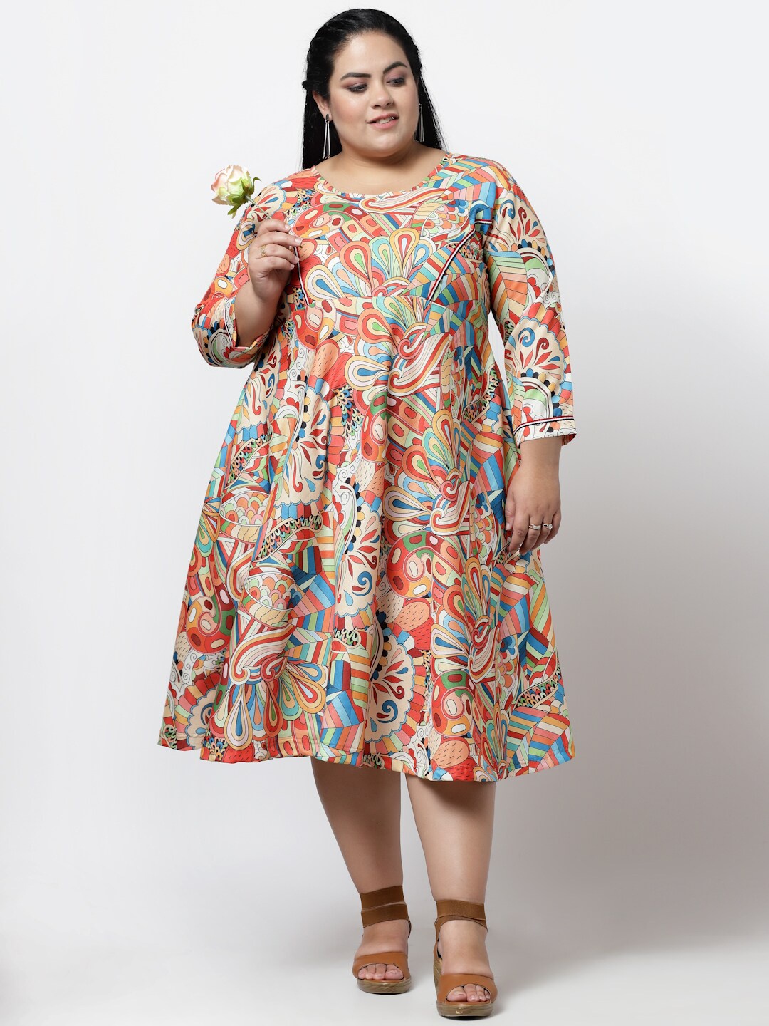 FAZZN Women Plus Size Cotton Printed A-Line Midi Dress, Na