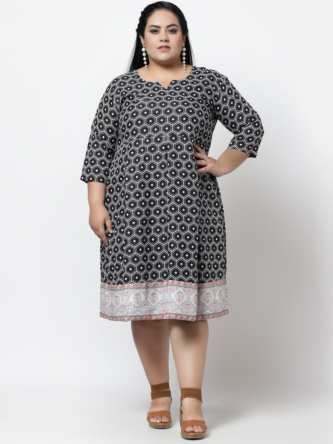 FAZZN Women Plus Size Printed Cotton A-Line Dress, Black