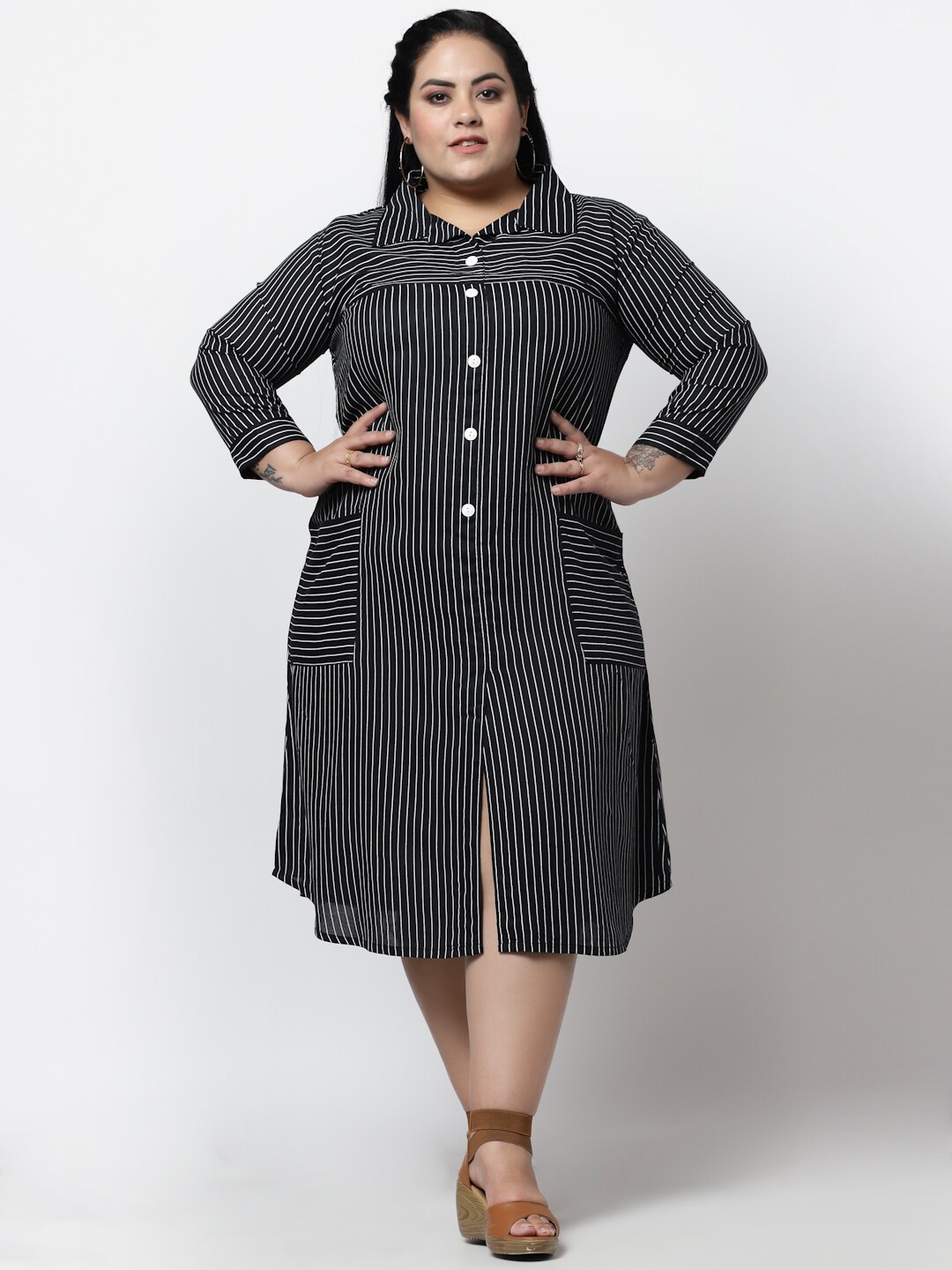 FAZZN Women Plus Size Striped Rayon Shirt Midi Dress, Black