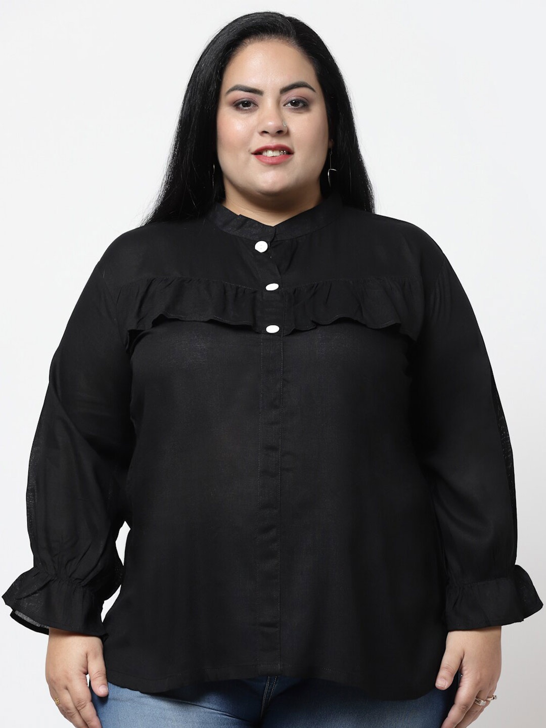 FAZZN Women Plus Size Solid Shirt Style Top, Black