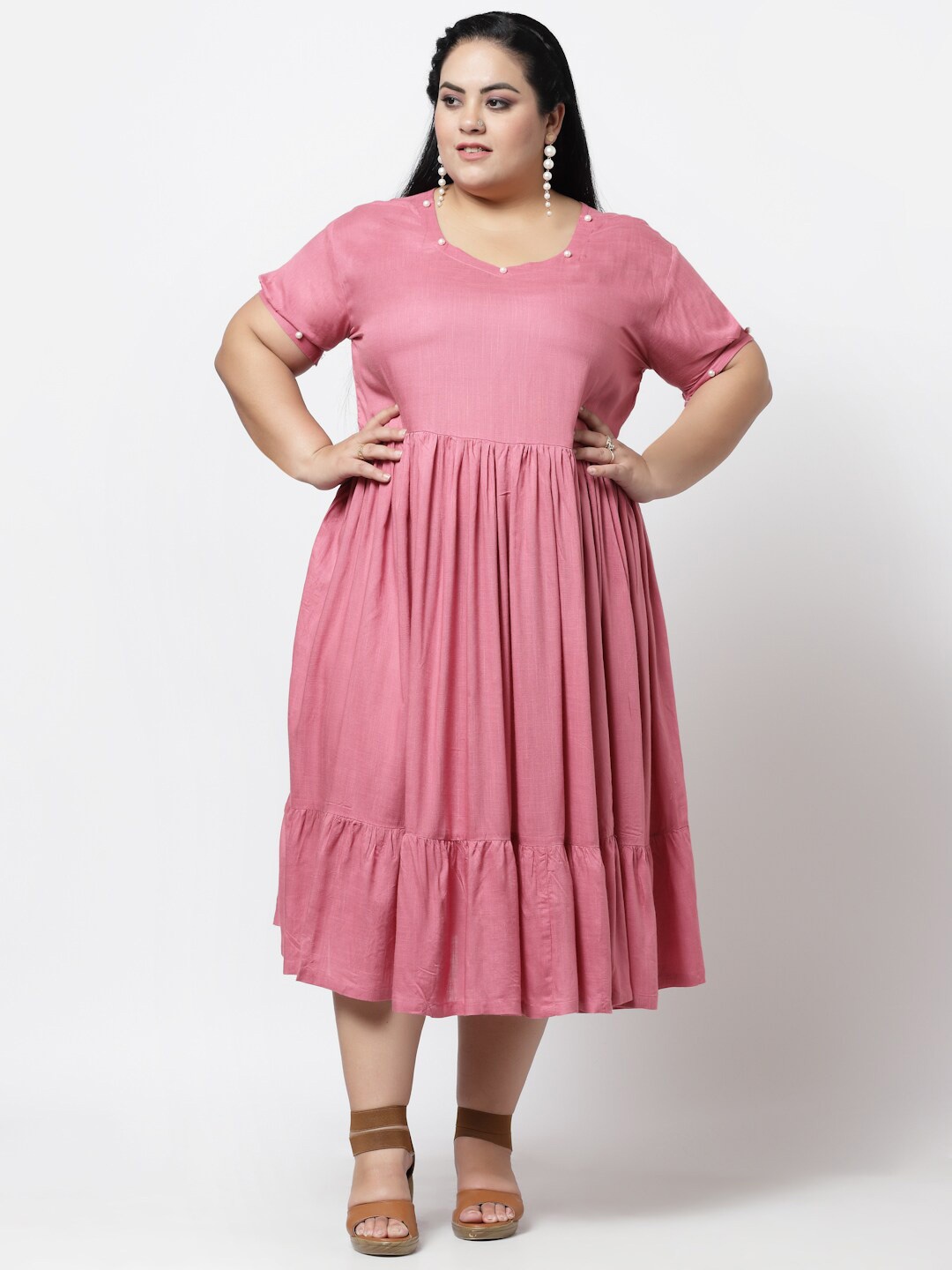 FAZZN Women Plus Size Solid Rayon A-Line Midi Dress, Pink