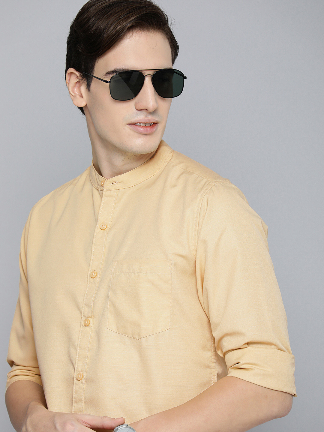 Harvard Band Collar Long Sleeves Casual Shirt, Beige 
Harvard Band Collar Long Sleeves Casual Shirt, Beige