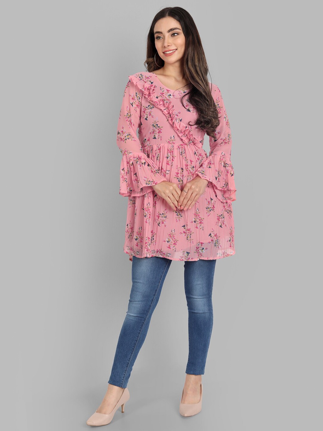 TORONFRAS Pink Floral Printed Pleated Anarkali Kurti