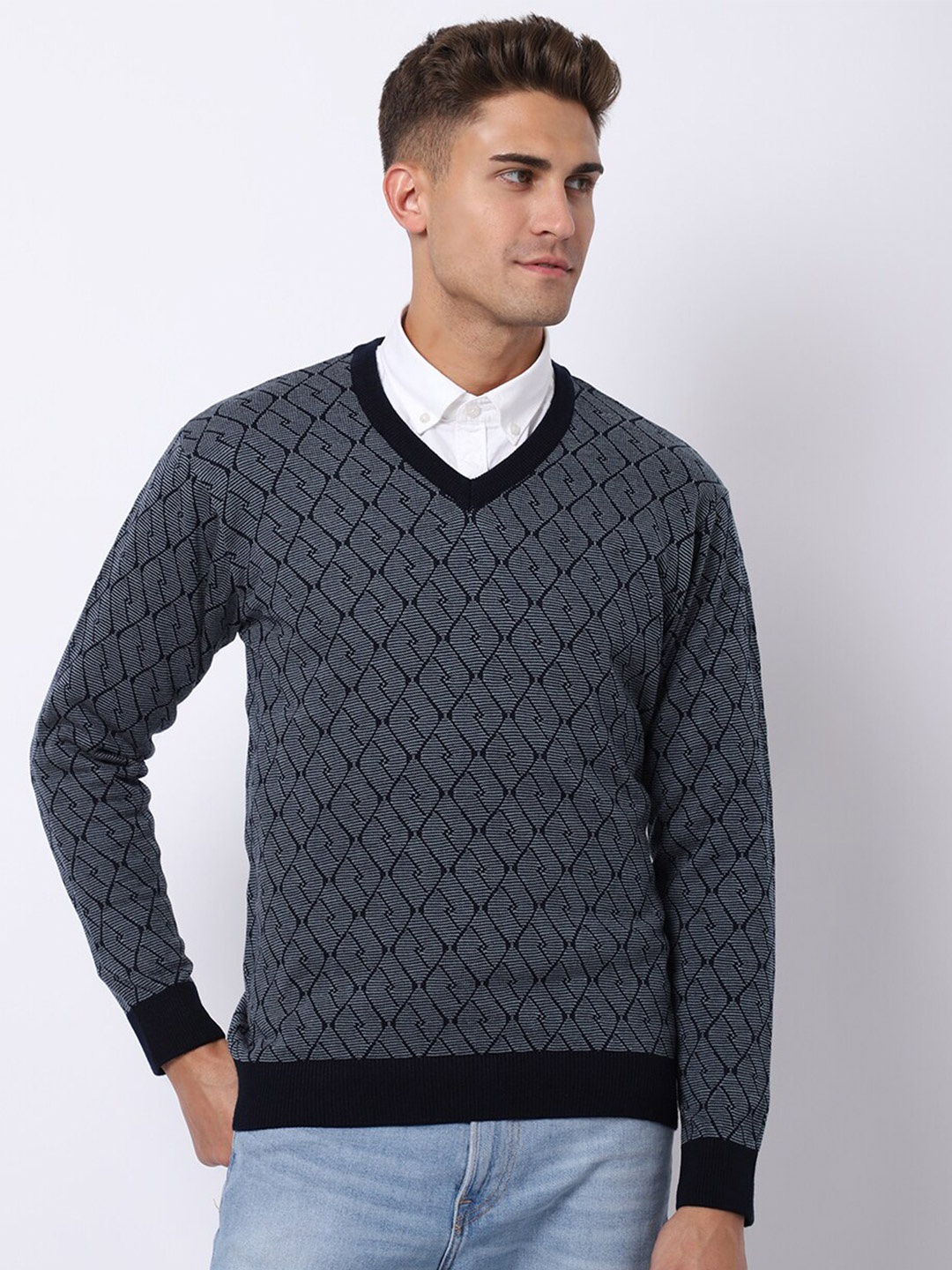 VENITIAN Men Geometric Pullover, Navy blue