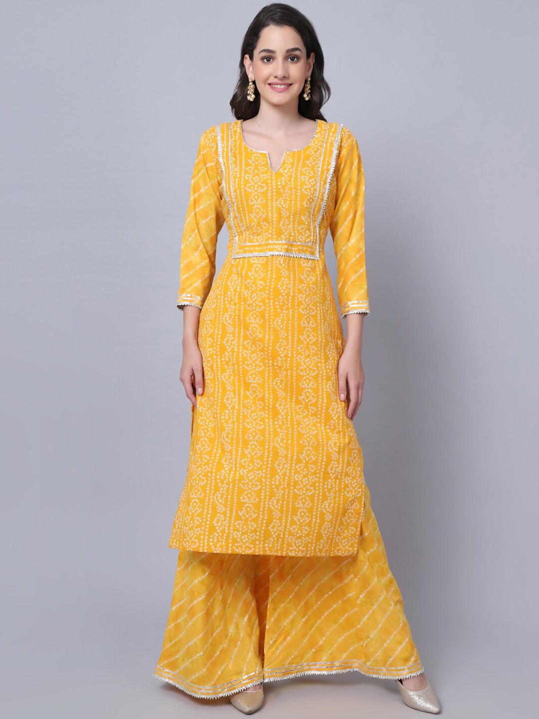 anokherang Women Yellow Bandhani Printed Gotta Patti Pure Cotton Kurta with Palazzos
anokherang Women Yellow Bandhani Printed Gotta Patti Pure Cotton Kurta with Palazzos