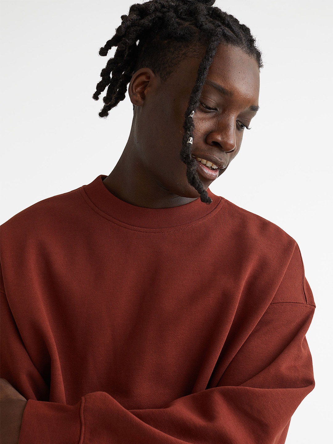 H&M Men Oversized Fit Cotton Sweatshirt, Red