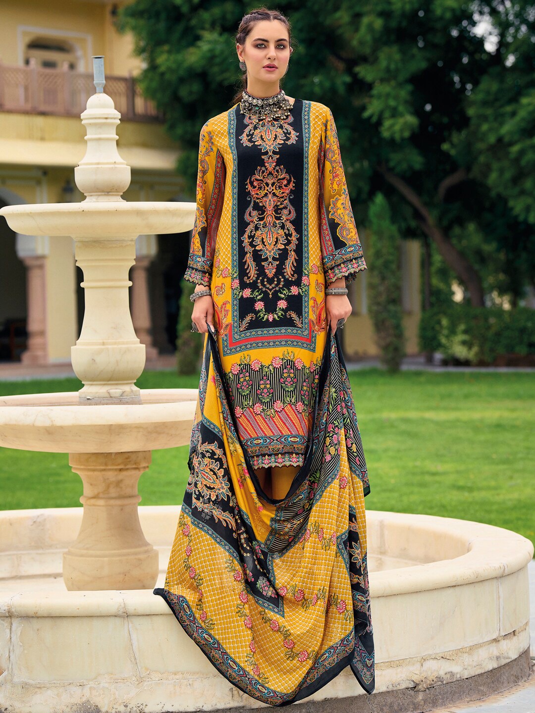 Stylee LIFESTYLE Women Yellow & Navy Blue Printed Pure Silk Unstitched Dress Material
Stylee LIFESTYLE Women Yellow & Navy Blue Printed Pure Silk Unstitched Dress Material