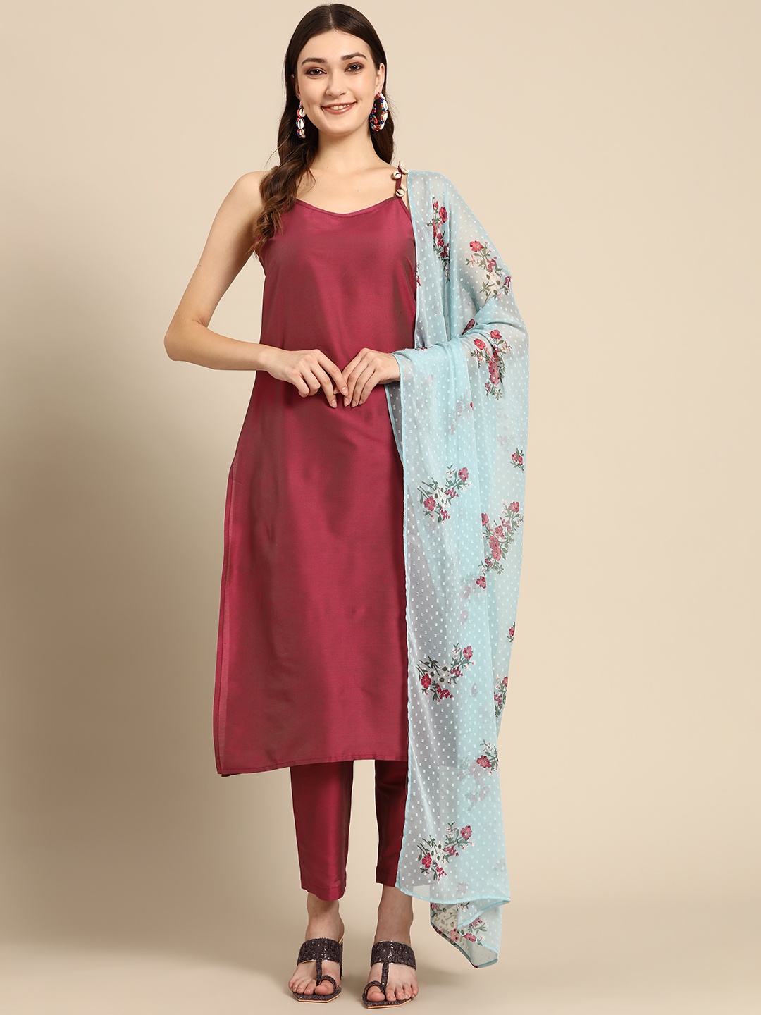 Sangria Women Maroon Kurta with Trousers & Dupatta