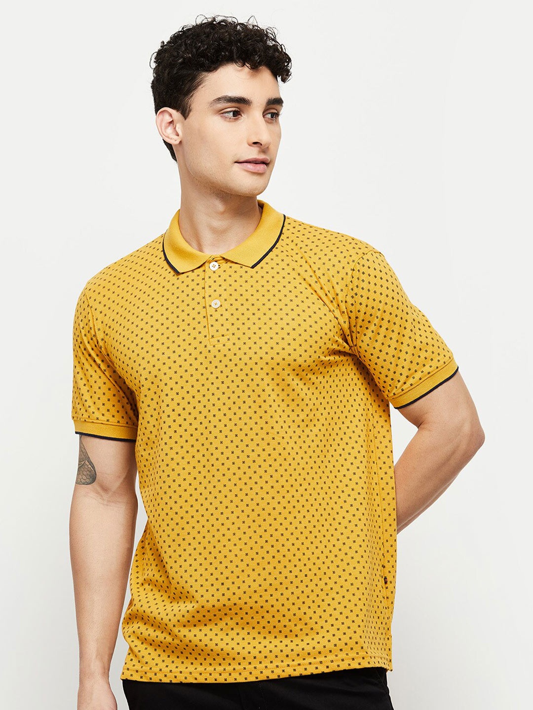max Men Printed Polo Collar T-shirt, Mustard