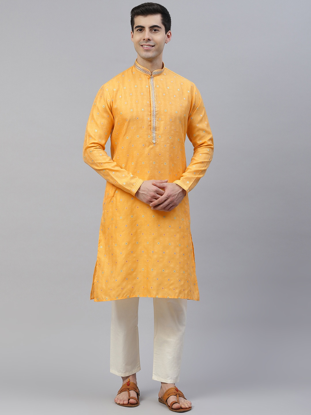 Readiprint Fashions Men Mustard Yellow & Gold Jacquard Design Zari Straight Kurta Pyjamas
Readiprint Fashions Men Mustard Yellow & Gold Jacquard Design Zari Straight Kurta Pyjamas